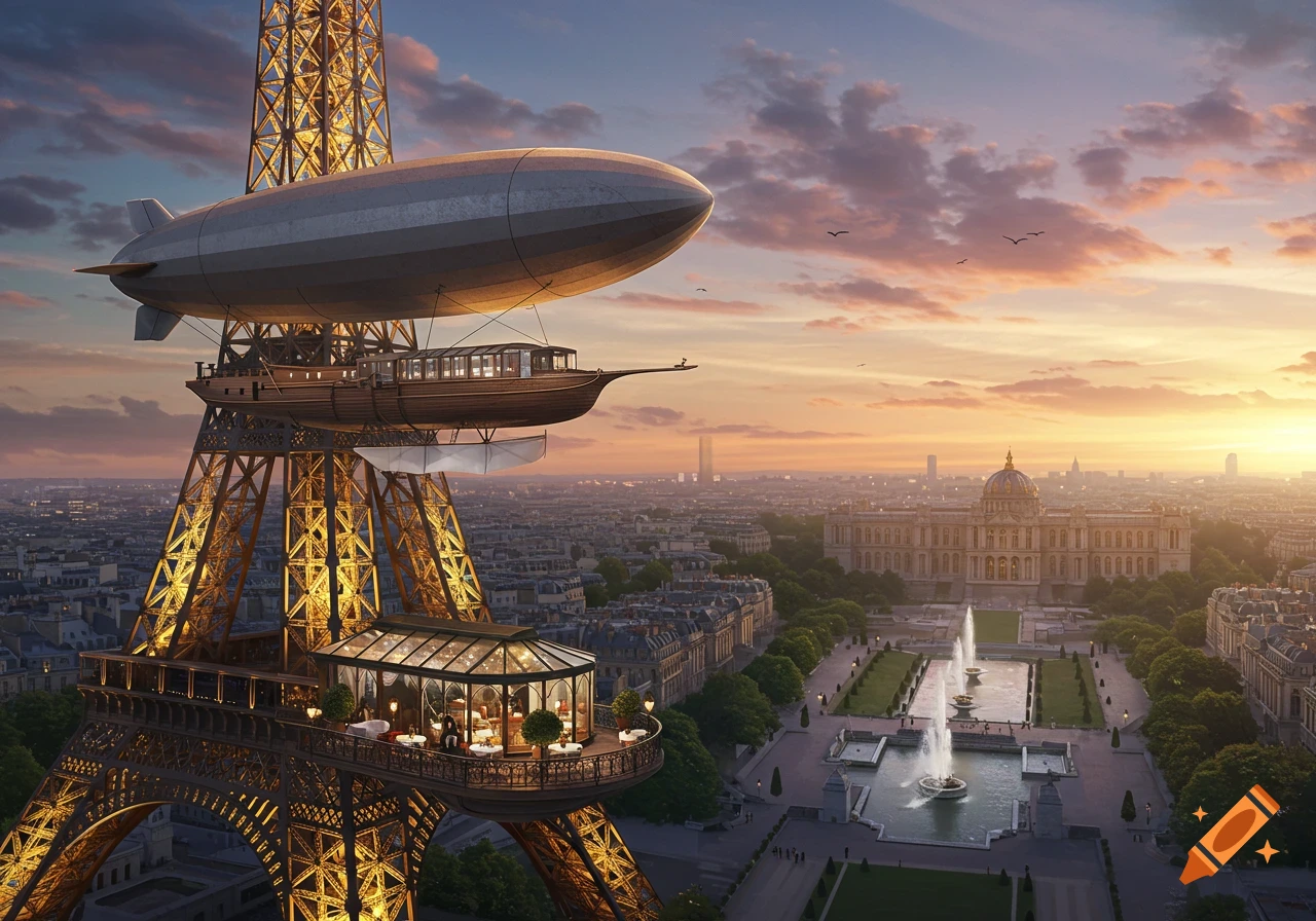 A detailed steampunk Eiffel Tower at sunset, with an airship docked and a restaurant balcony overlooking a Paris cityscape.
