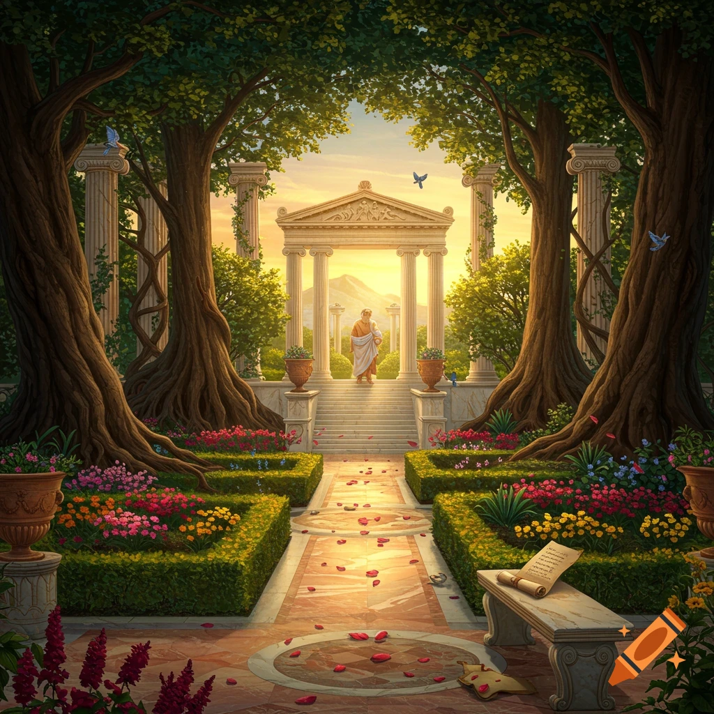 Vibrant classical garden with a robed figure standing on steps before a temple at sunset, surrounded by lush trees and flowers.