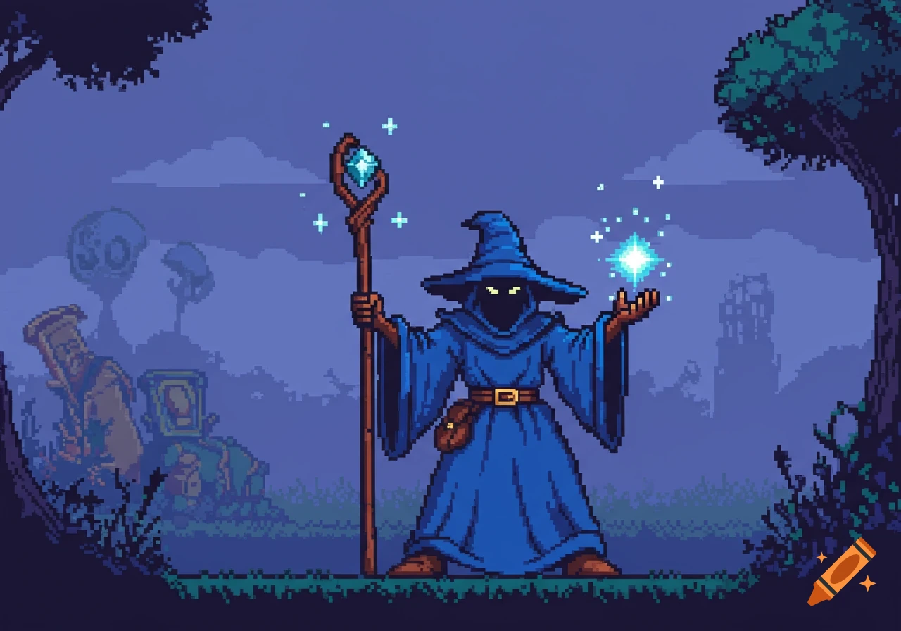 Pixel art wizard in blue robes holding a staff with a glowing gem, casting a spell in a mystical forest.