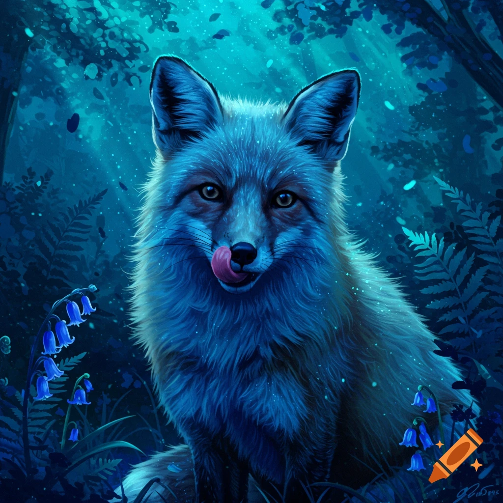 A blue-toned fox licks its nose while sitting in a dark, mystical forest with glowing blue flowers.