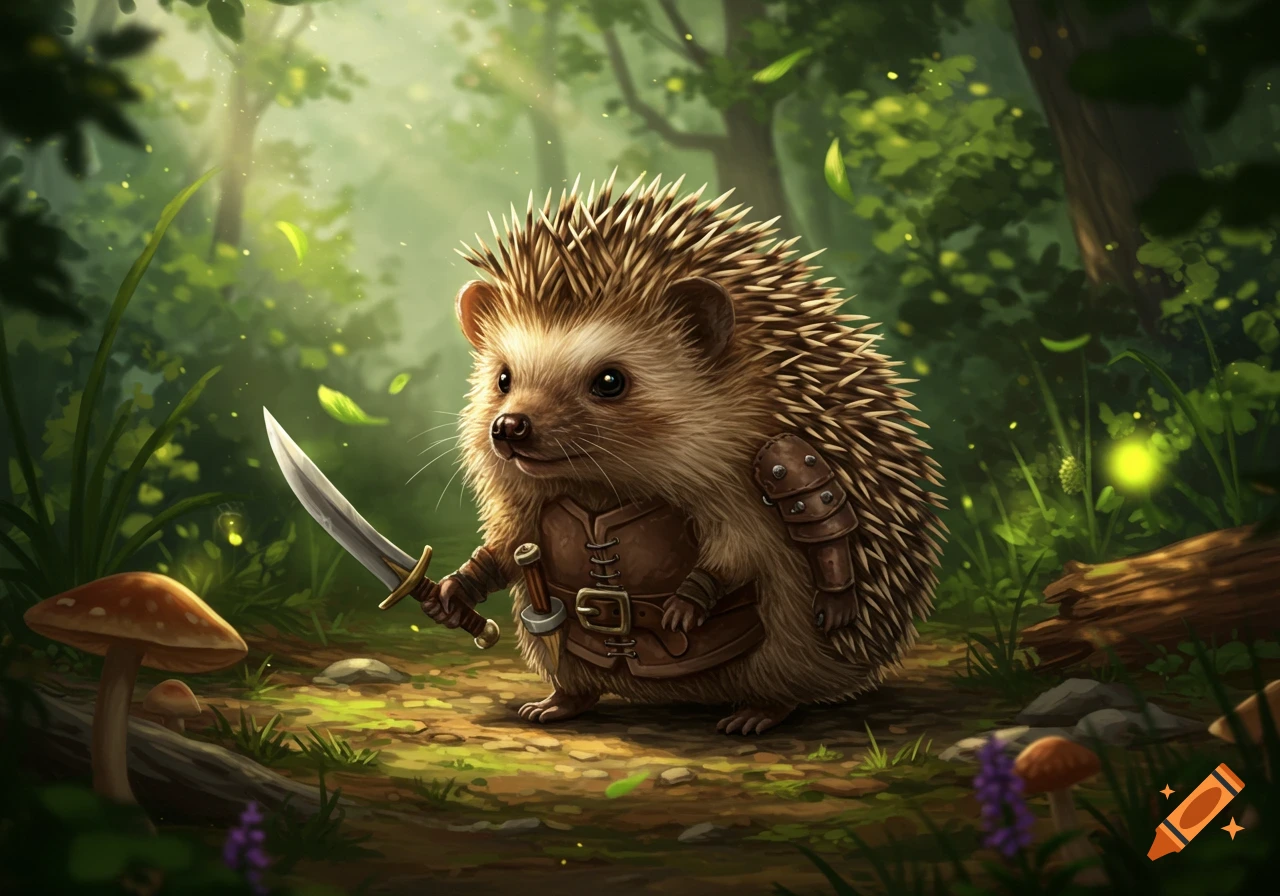 An adorable hedgehog warrior in leather armor holds a sword, standing in a lush, sunlit fantasy forest.