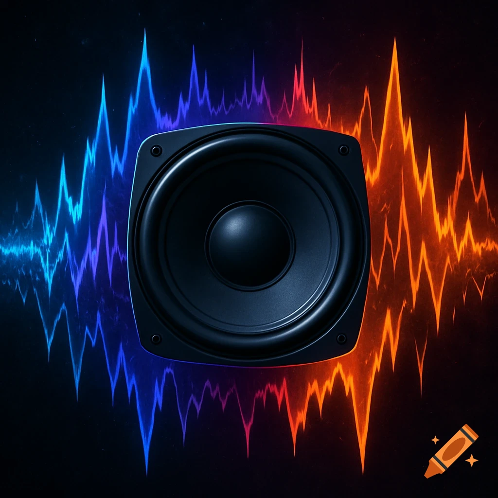 A black subwoofer speaker surrounded by vibrant blue, red, and orange soundwaves on a dark background.