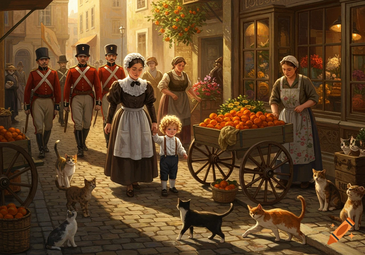 An illustration of a historical street scene with a nanny and a young boy, soldiers, a woman selling oranges from a cart, and several cats. The street is cobbled with old buildings.