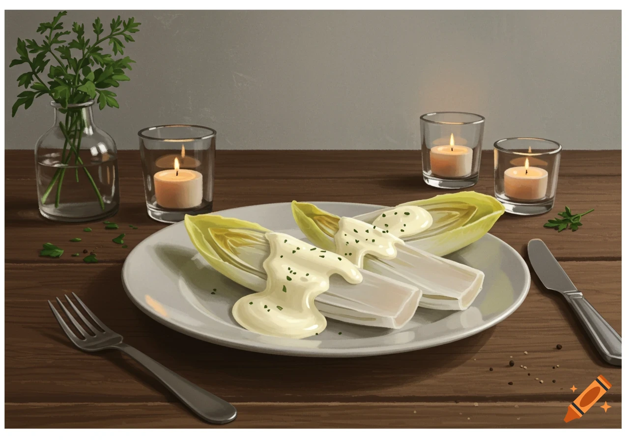 Digital painting of endives with white sauce on a plate, surrounded by lit candles and a vase of herbs on a wooden table.
