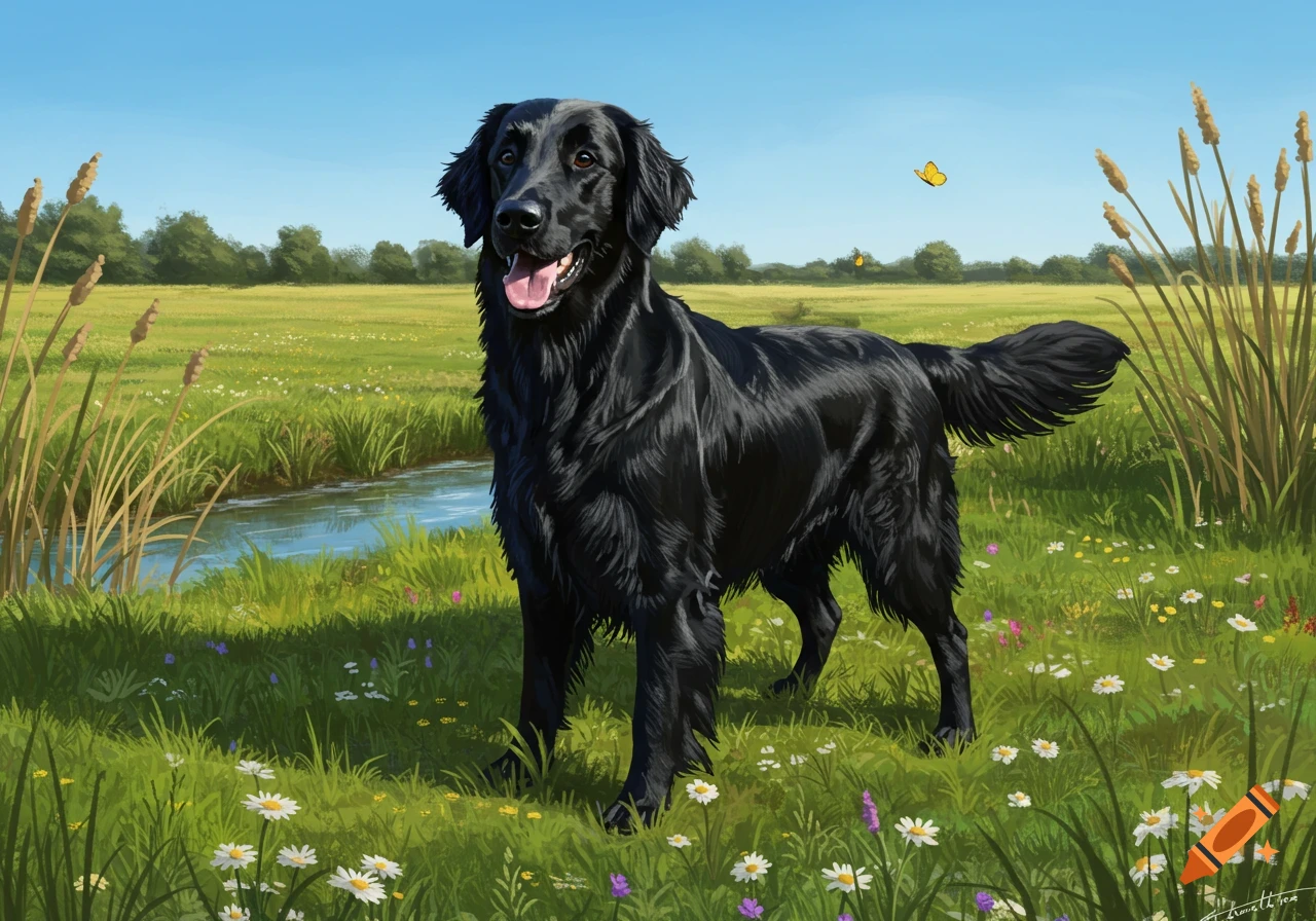 A black flat-coated retriever stands in a sunny, green field with a stream, wildflowers, and tall grass. Two yellow butterflies flutter in the blue sky.