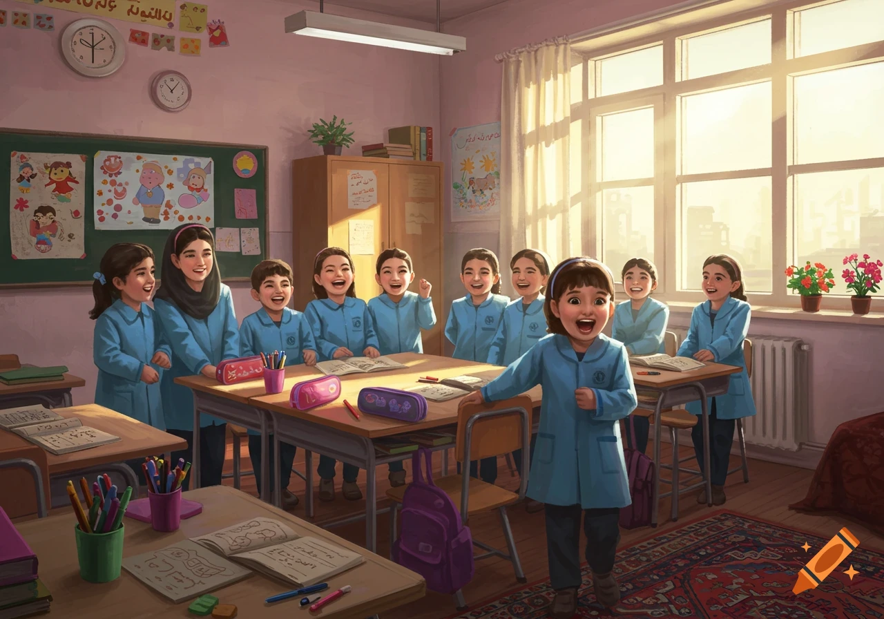 A classroom full of smiling Iranian elementary school children in blue uniforms, with one student standing in front.