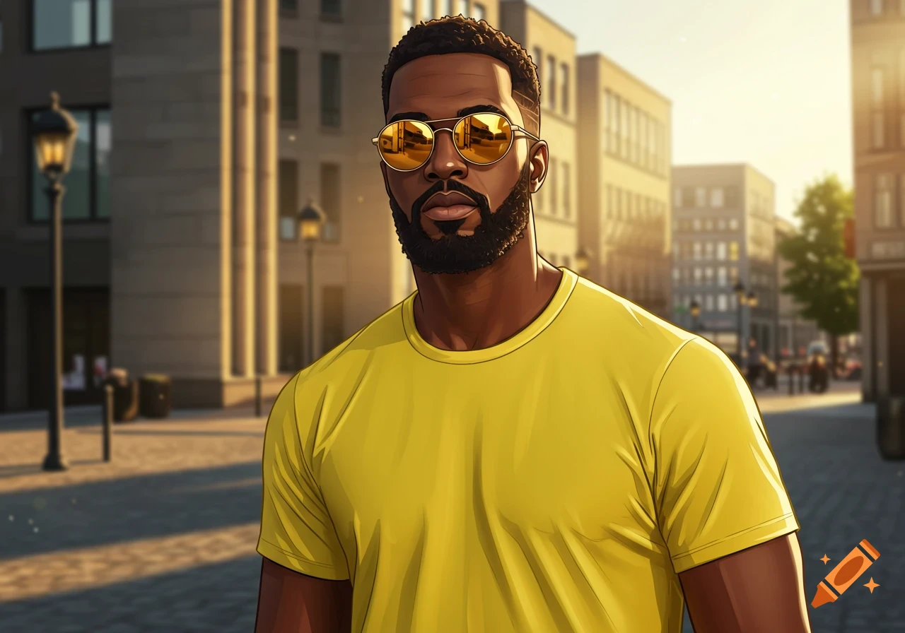 Stylized illustration of a Black man with a beard and yellow sunglasses in a yellow t-shirt on a city street.