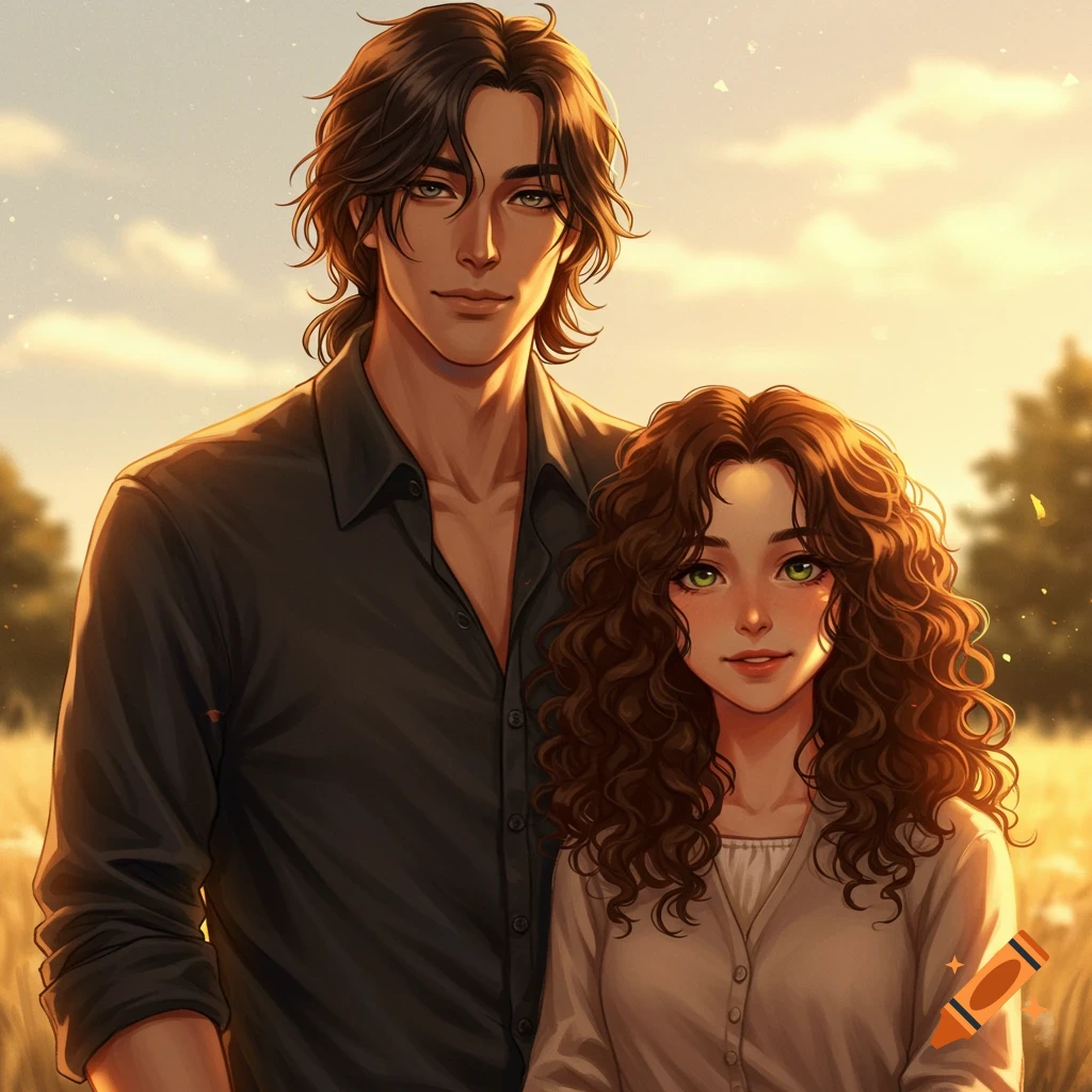 A digital art illustration of a man with dark wavy hair and a woman with curly brown hair and green eyes standing in a warm, sunny field.