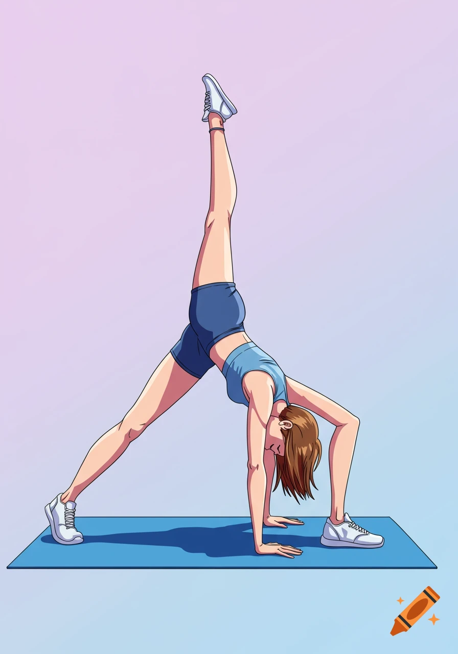 Anime-style illustration of a woman in a one-legged downward dog yoga pose on a blue mat, wearing blue activewear.