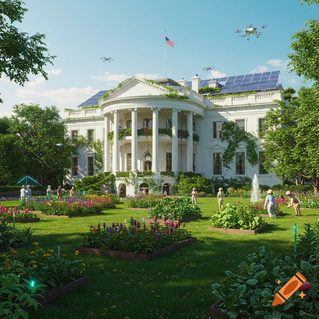 A sunny view of a solar punk White House with solar panels, lush gardens, people tending plants, and drones flying overhead.