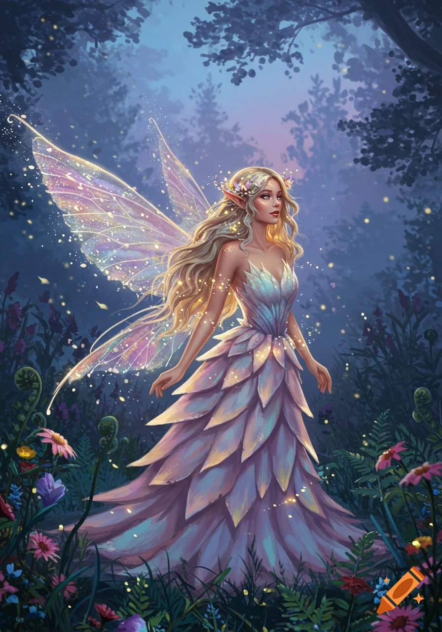 A beautiful fairy with long blonde hair, iridescent wings, and a petal dress, stands in an enchanted forest surrounded by glowing magical dust.