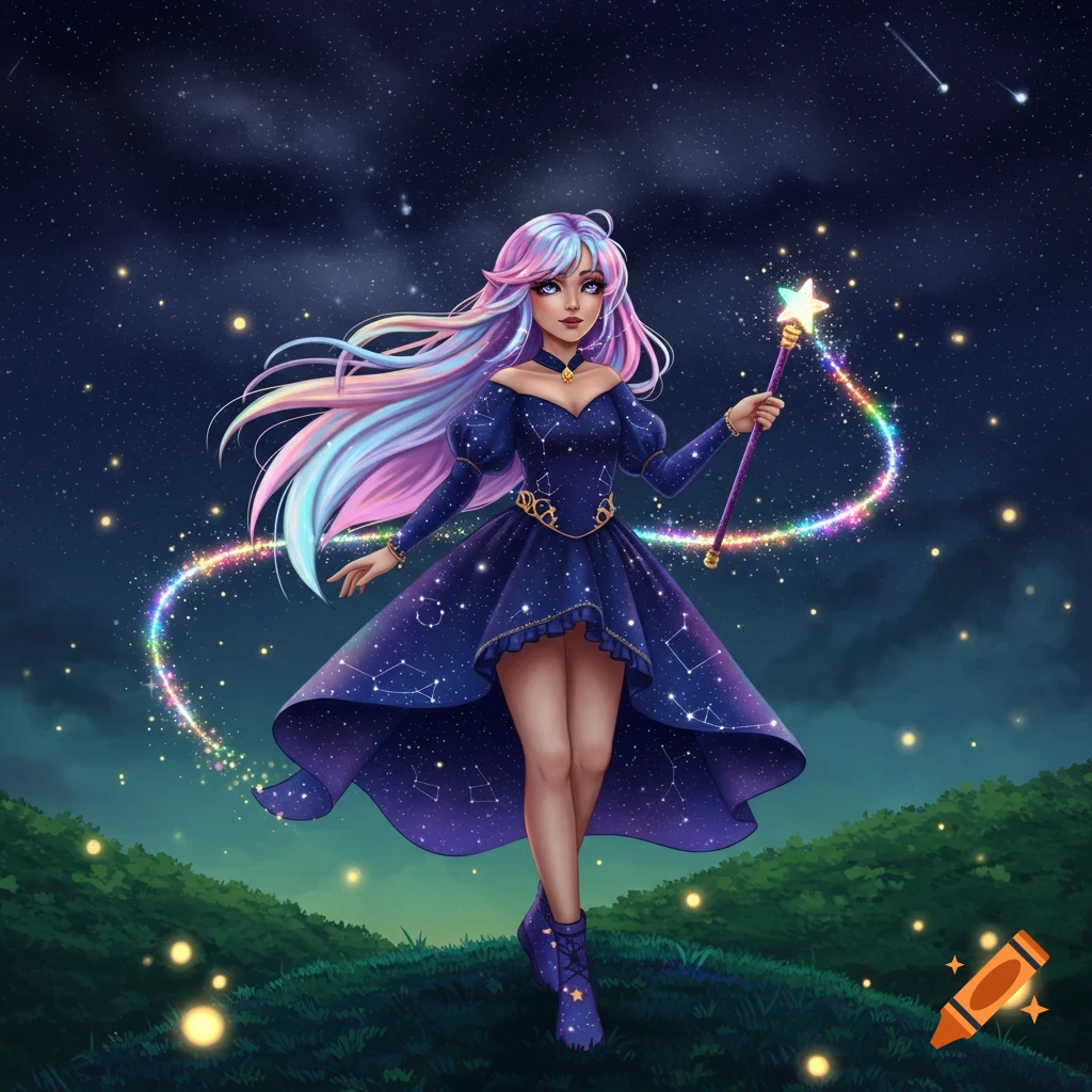 An anime-style magical girl with pastel rainbow hair, wearing a dark blue starry dress and boots, stands on a grassy hill under a starry night sky, holding a star-tipped wand with a rainbow trail.