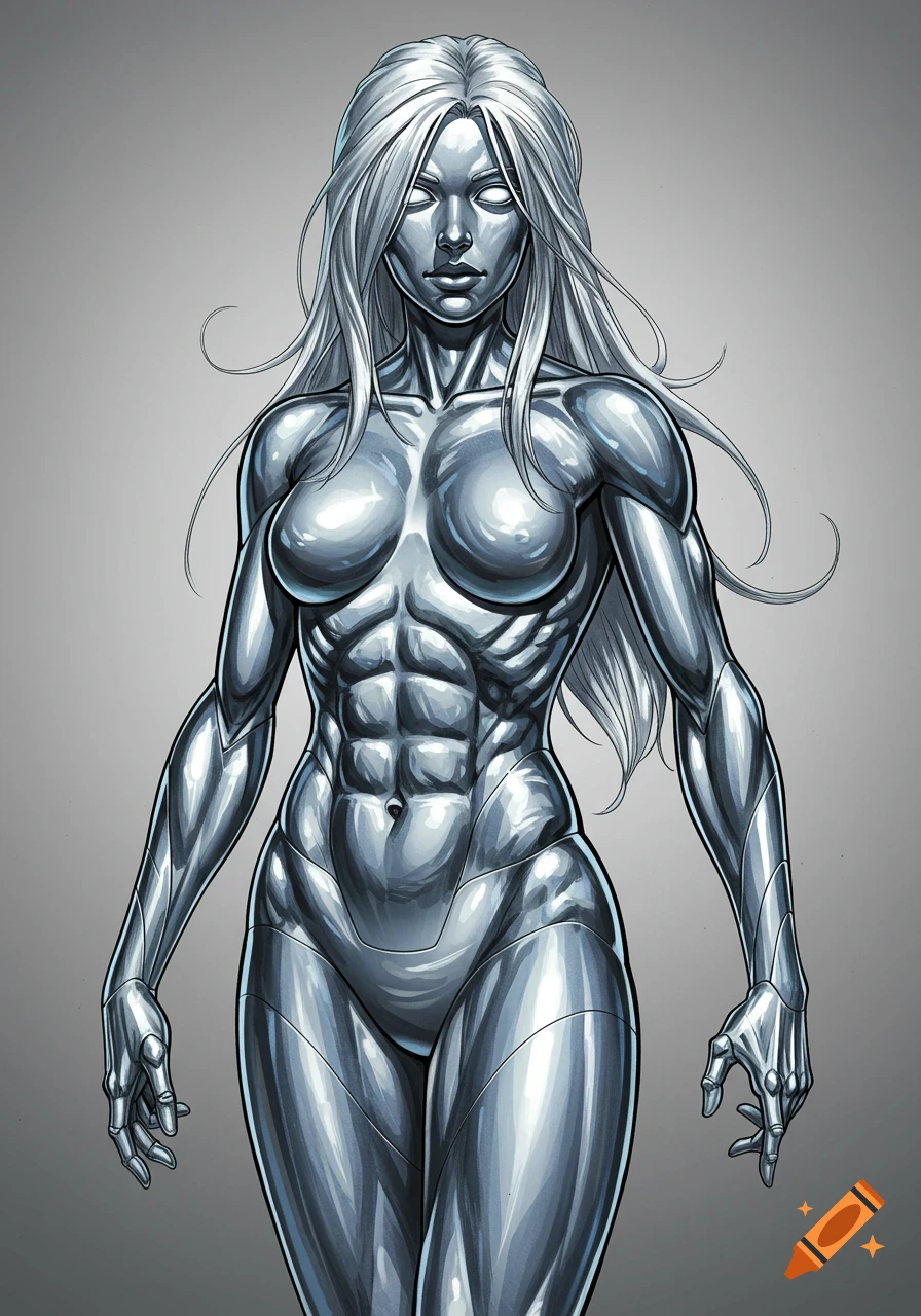 Highly detailed comic book illustration of a metallic female superhero with glowing eyes and muscular physique against a gray background.