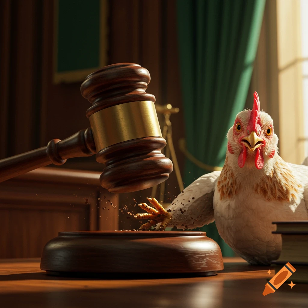 Photorealistic image of a chicken at a judge's bench as a gavel strikes, scattering debris.