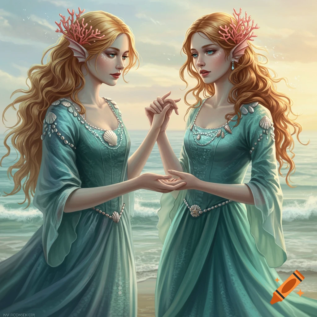 Two blonde women with coral in their hair, wearing teal shell-adorned dresses, hold hands on a sandy beach at sunset.