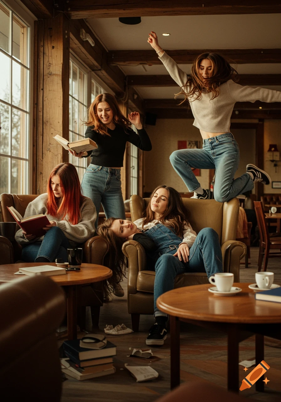 Four young women in a cozy cafe, one reading, another jumping, and two relaxing in armchairs. Photorealistic style.
