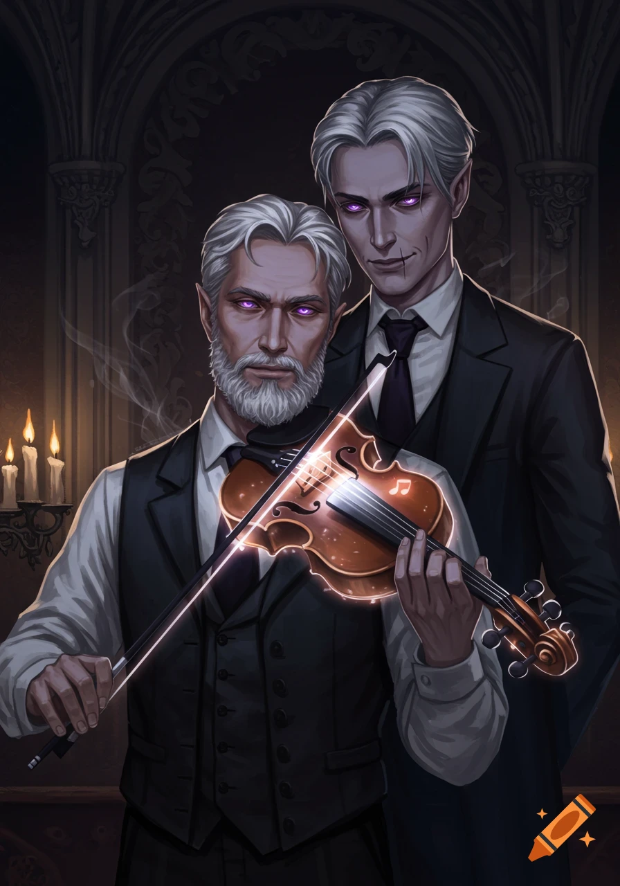 A father and son, both with gray hair and glowing violet eyes, in a dark fantasy setting. The father plays a glowing violin while the son stands behind him.