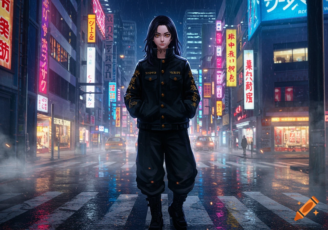 A young woman with black hair and orange eyes in a black jacket and pants stands on a wet anime city street at night with neon signs.