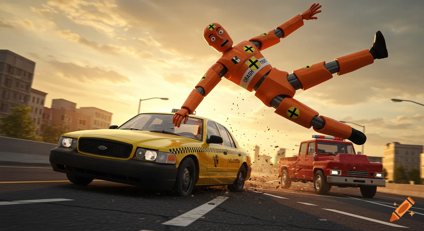 An orange crash test dummy flies through the air after a collision with a yellow taxi, with a red truck in the background. The scene is lit by a dramatic sunset.