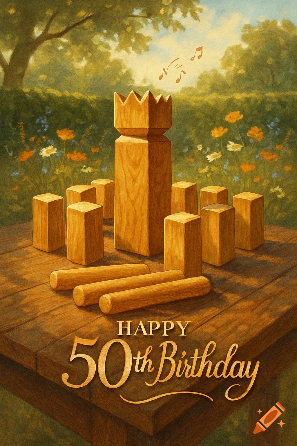 An illustrated birthday card showing a kubb game set on a wooden table in a garden, with 'Happy 50th Birthday' text.