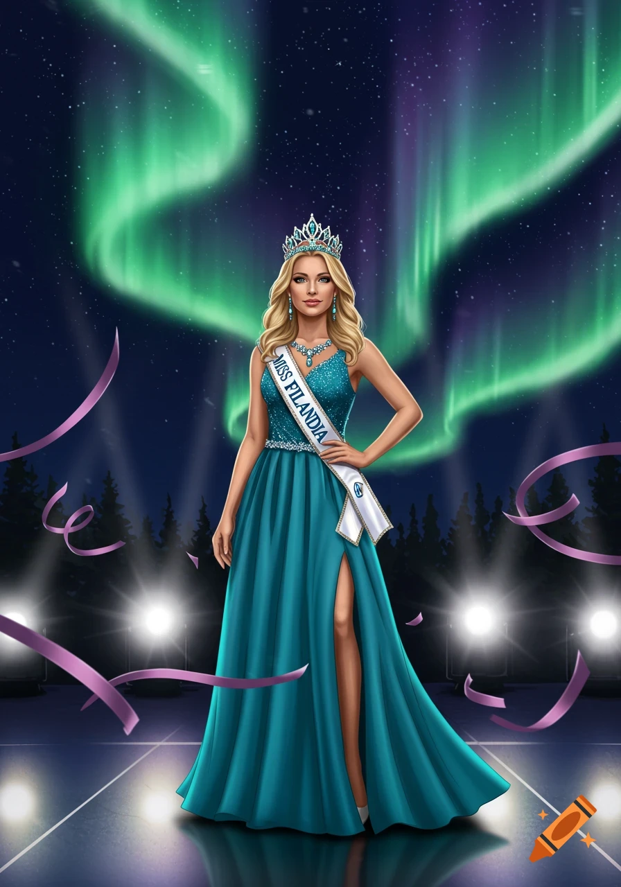 Stylized illustration of a blonde woman in a blue gown, crown, and 'MISS FILANDIA' sash on a stage with aurora borealis.