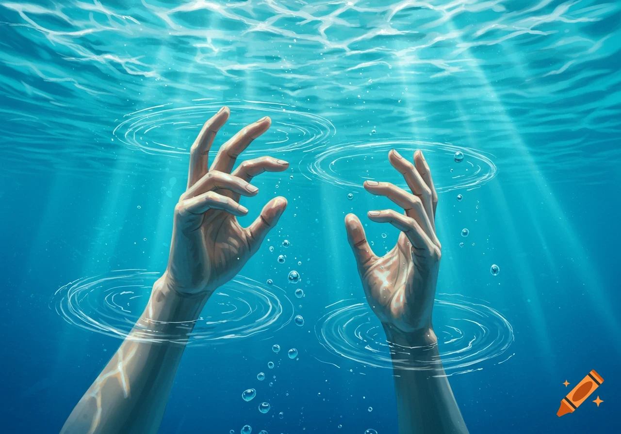 Two hands reaching up from deep blue water with light rays and ripples on the surface, illustration style.
