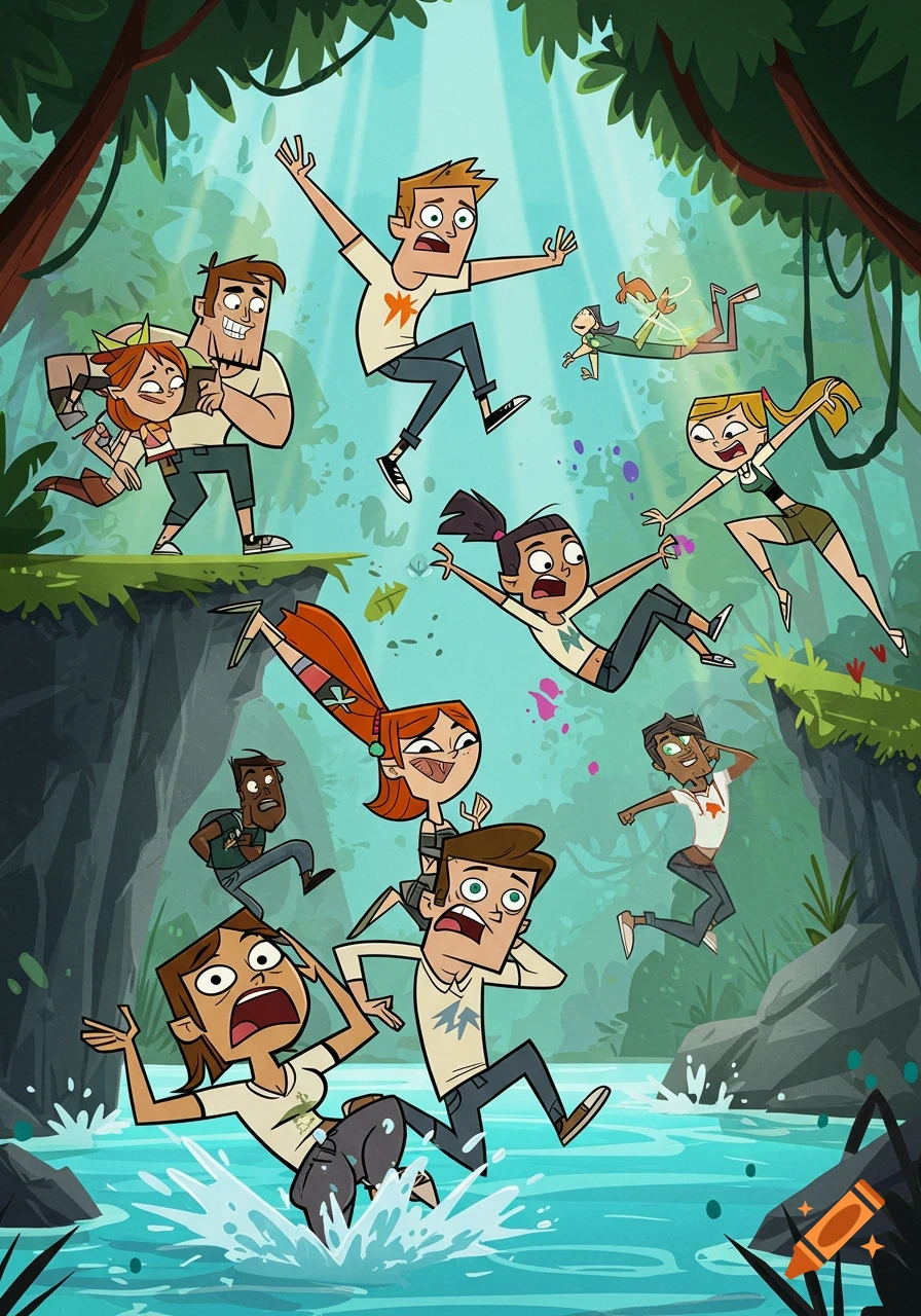 A group of diverse cartoon characters in an animated style are falling and splashing through a vibrant jungle river.