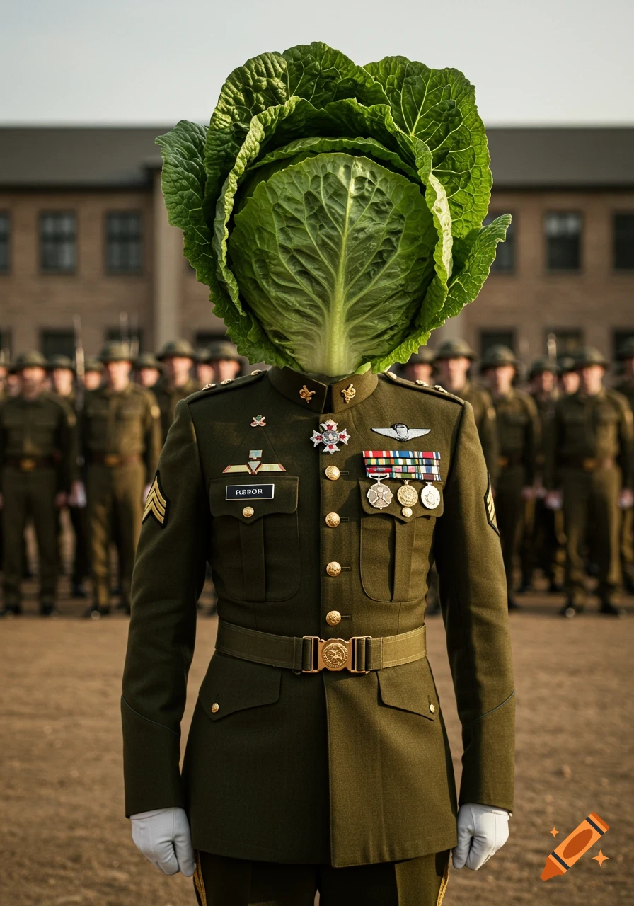 A photorealistic image of an army officer in uniform with a head of lettuce instead of a human head, standing in formation.