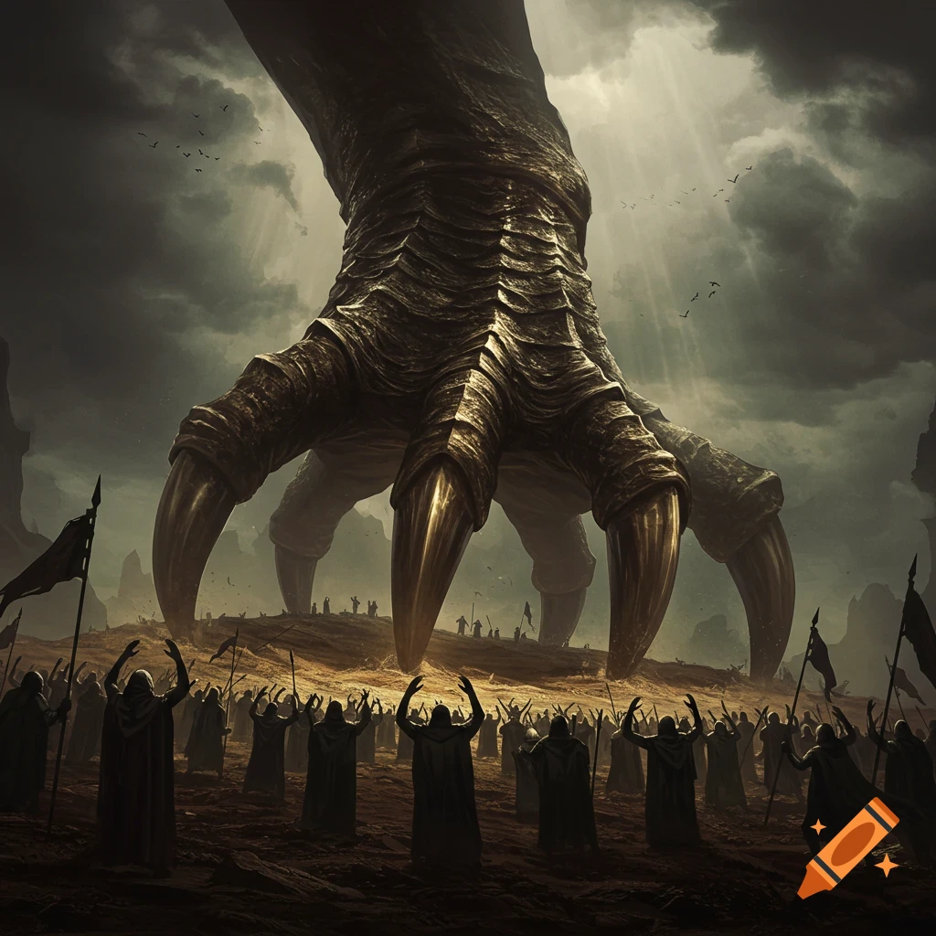 A giant, scaly claw with golden talons looms over a desolate land, as shadowy figures raise arms in worship under dramatic, stormy skies.