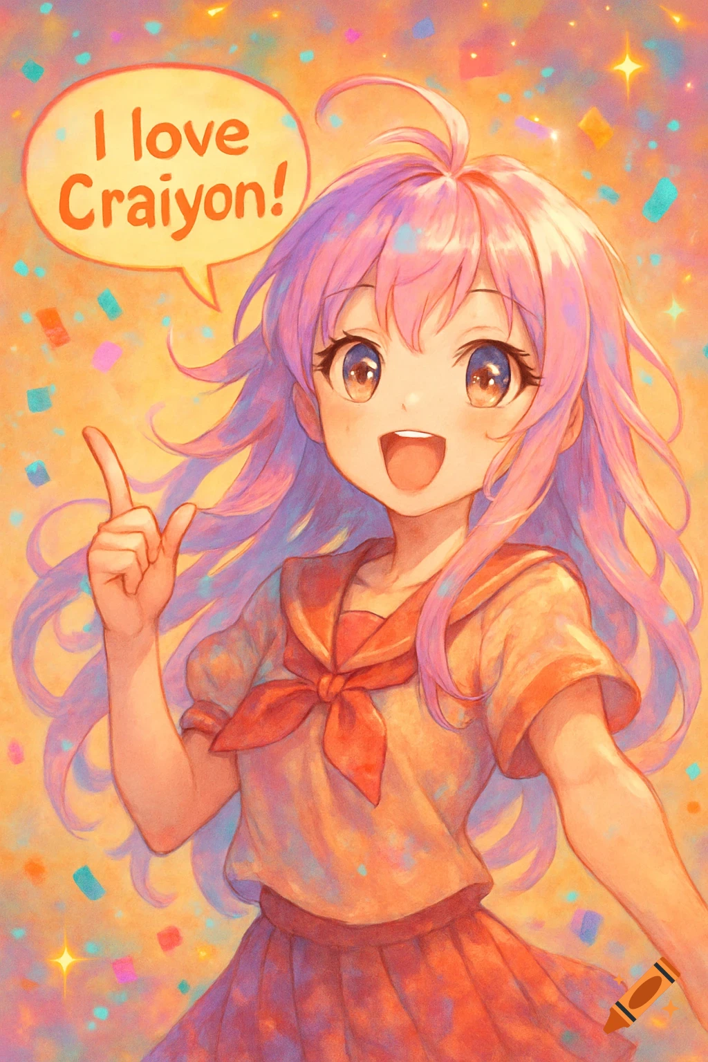 Smiling anime girl with pastel hair, school uniform, pointing up, with a speech bubble 'I love Craiyon!' in an illustrative style.