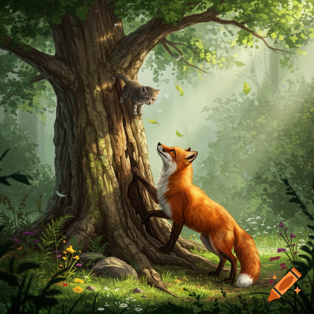A brave orange fox looks up at a small grey kitten perched on a large tree trunk in a sunlit forest. Green foliage surrounds them.
