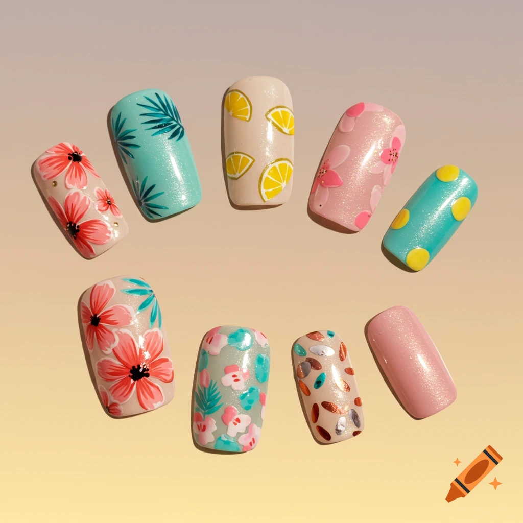 Eight summer press-on nails featuring various designs like red flowers, green leaves, yellow lemons, and polka dots.