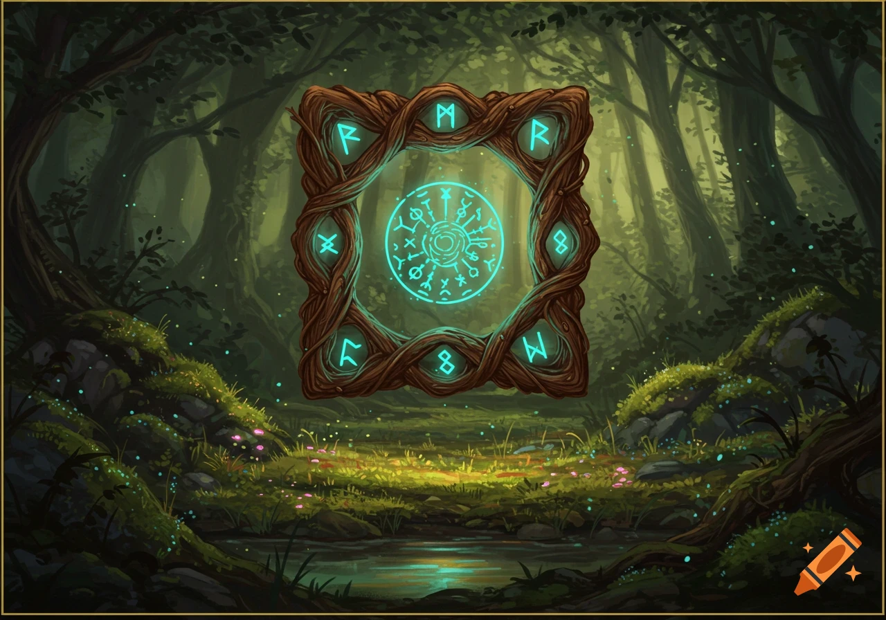 A glowing, square branch frame with cyan runes and a central sigil floats in a mystical, lush forest over a stream, fantasy art.