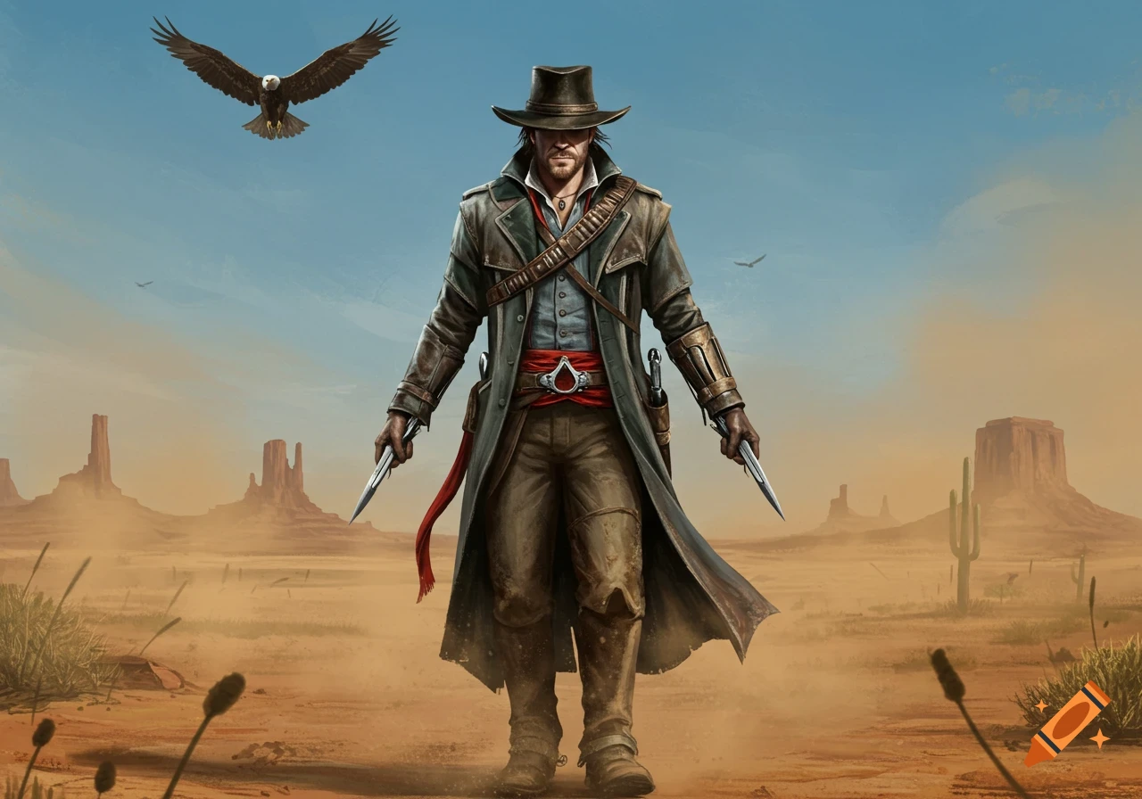 A male assassin in a cowboy hat and long coat holds two knives in a desert landscape with an eagle flying above.