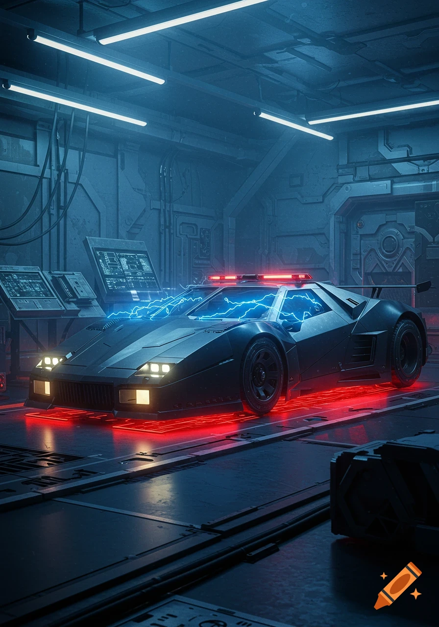 A sleek, black, futuristic sports car glows with red underglow and blue electrical arcs in a dark, metallic sci-fi garage.