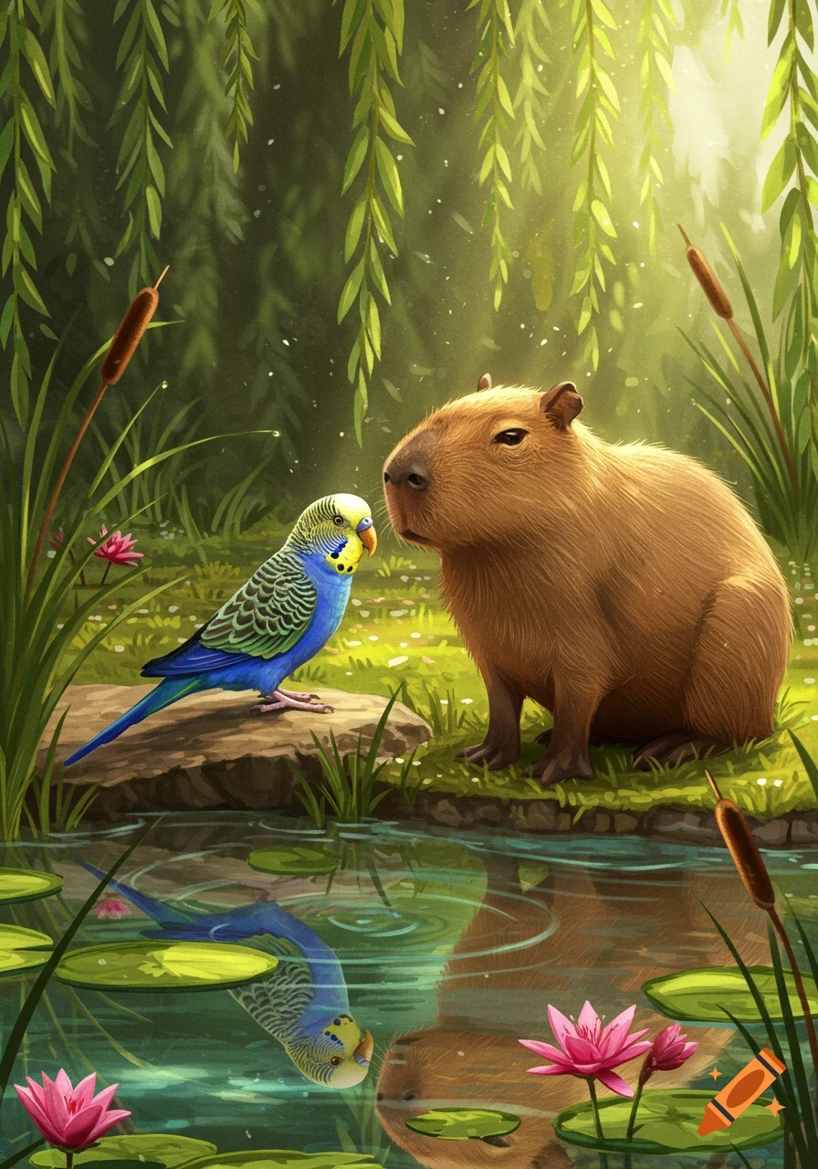 A vibrant illustration of a blue and green budgerigar looking at a brown capybara by a pond with lily pads and hanging willow leaves.