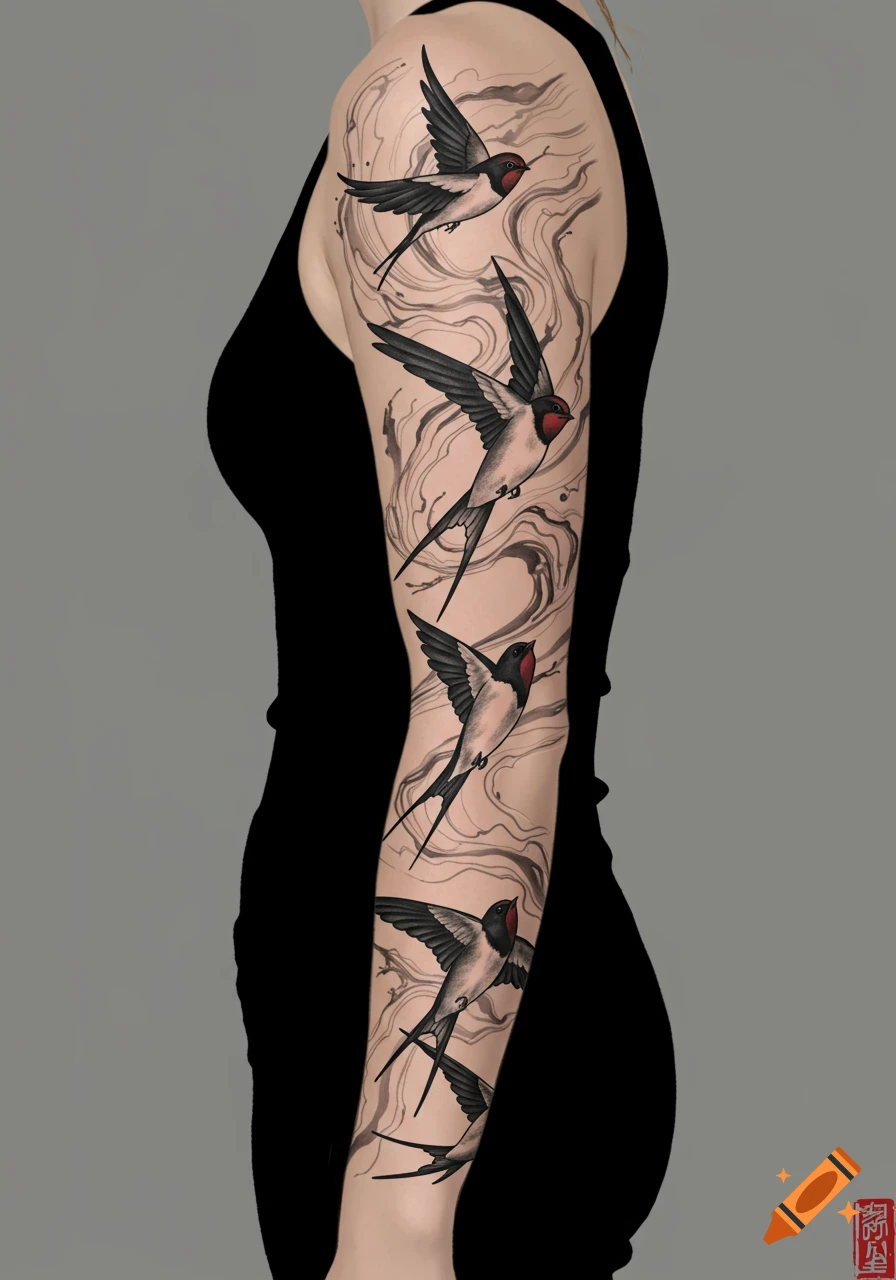 A tattoo of multiple black and white swallow birds with red heads flying upwards on a woman's arm, surrounded by grey suminagashi ink patterns.