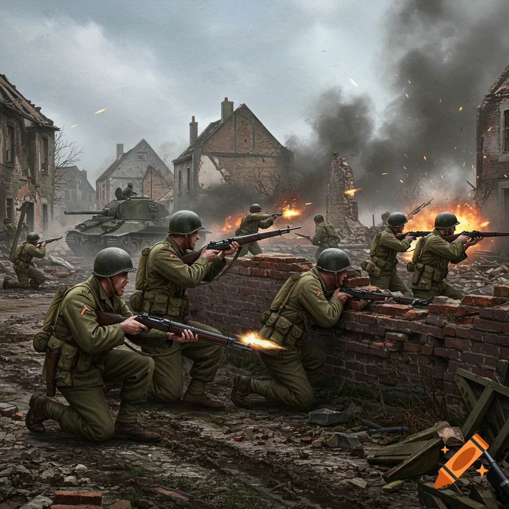 Soldiers in olive drab uniforms engage in battle in a destroyed European town during WWII, with a tank in the background.
