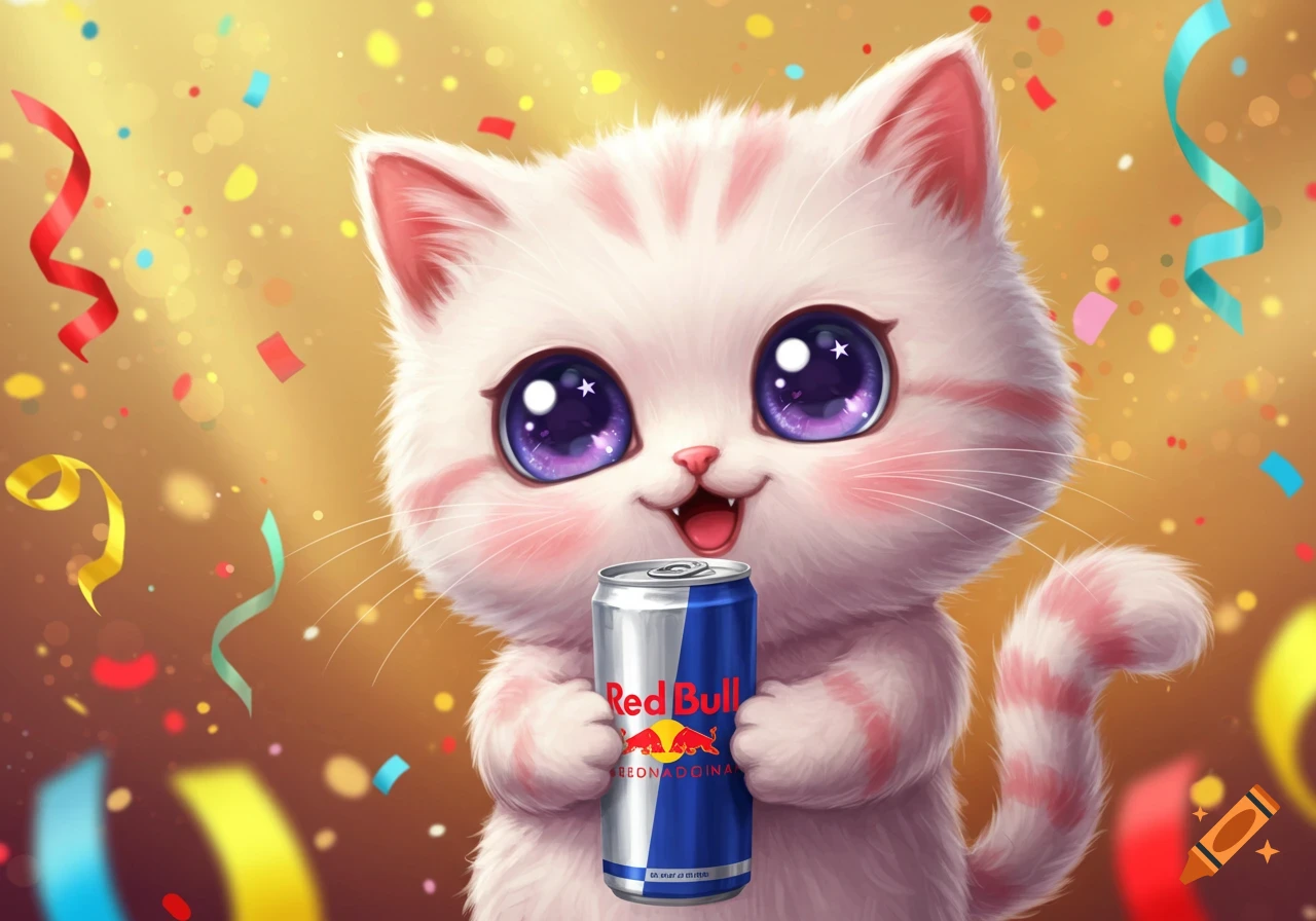A cute, fluffy cartoon kitten with big purple eyes smiles while holding a Red Bull can amidst falling confetti on a golden background.