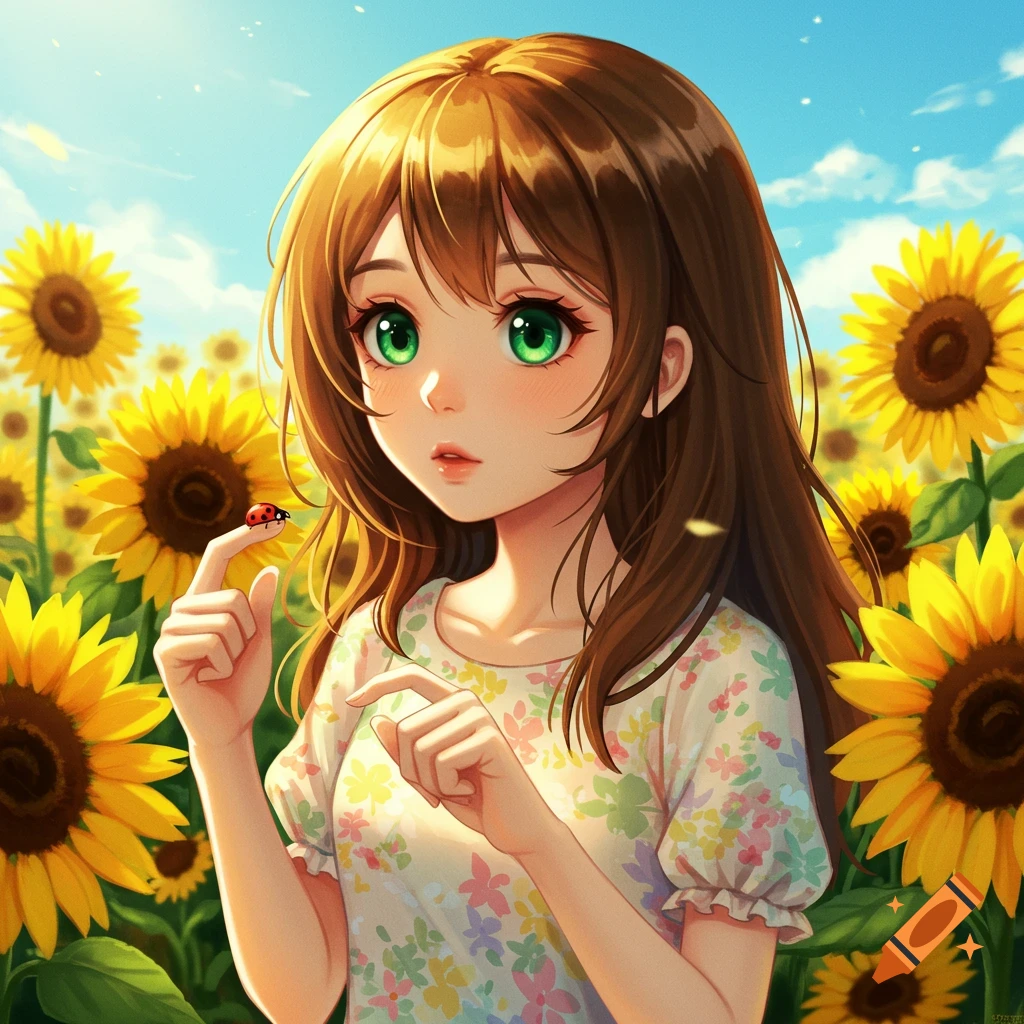 Anime girl with green eyes and brown hair holding a ladybug in a field of sunflowers under a blue sky.