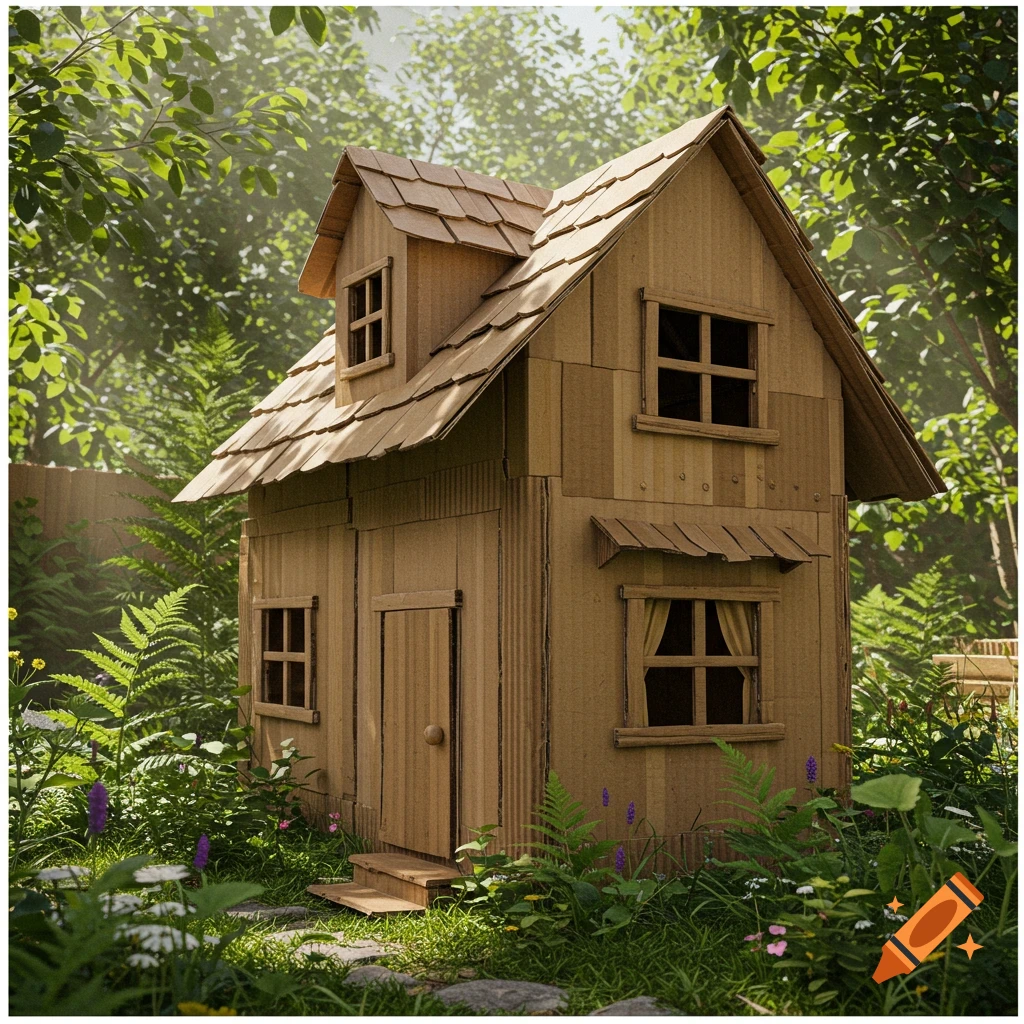 A charming cardboard playhouse with a shingled roof and windows, nestled in a lush, sunlit garden with green foliage and small flowers.