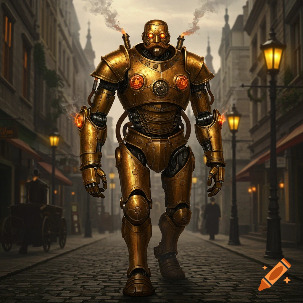 A large, brass steampunk robot with a metal mustache and glowing orange eyes walks down a cobblestone city street with steam rising from its shoulders.