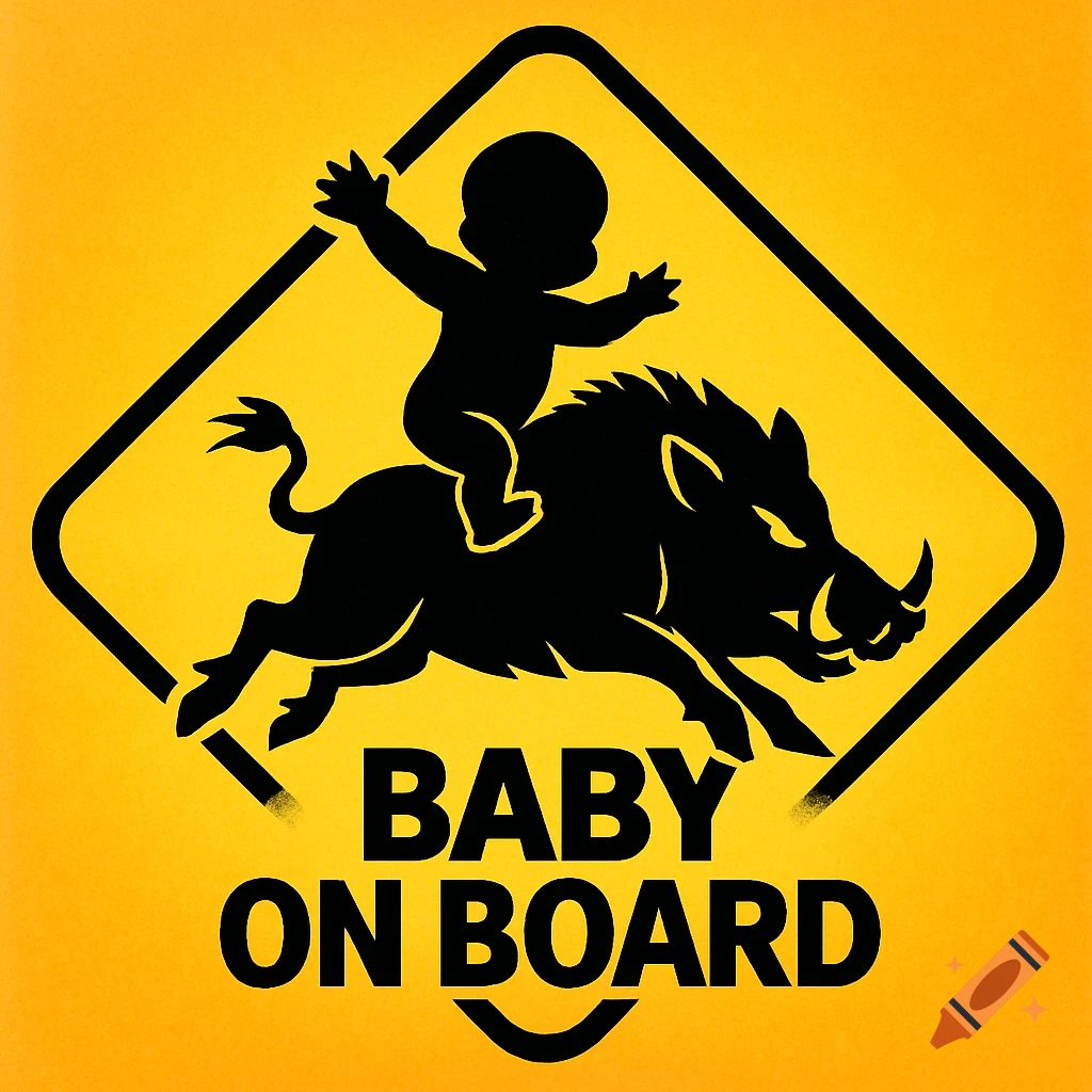 Yellow warning sign with black silhouettes of a baby riding a wild boar, and the text 'BABY ON BOARD'.