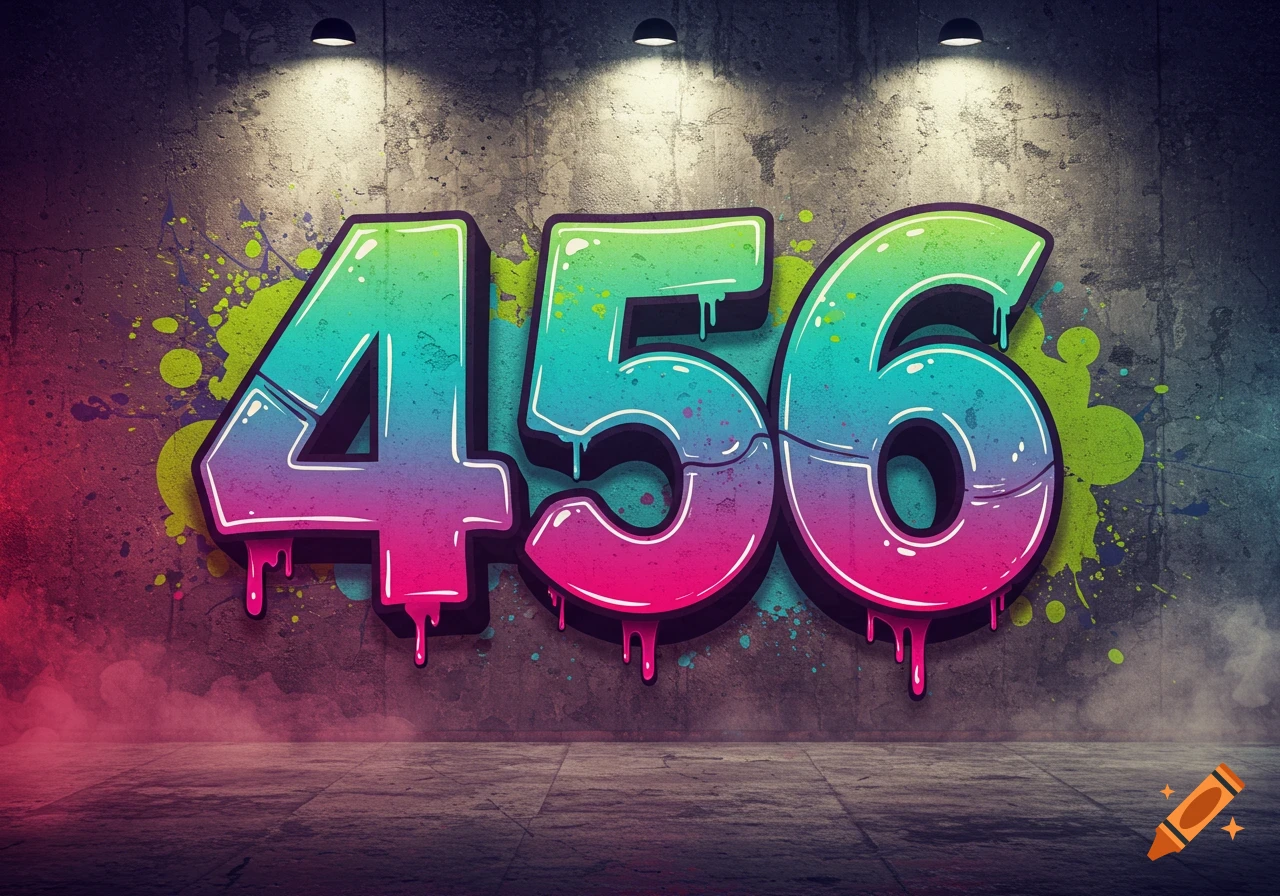 A vibrant graffiti art piece on a concrete wall displays the numbers 456 in a gradient of pink, purple, blue, and green, with dripping paint effects and splatters, illuminated by spotlights.