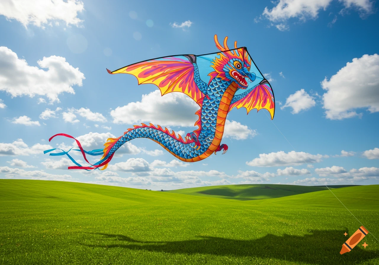 A vibrant, colorful dragon kite with red, blue, and orange scales flies high in a clear blue sky over rolling green hills.