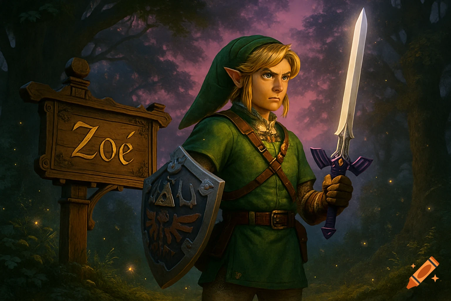 Link with his Master Sword and Hylian Shield stands by a wooden sign labeled 'Zo\u00e9' in a dark, glowing forest.
