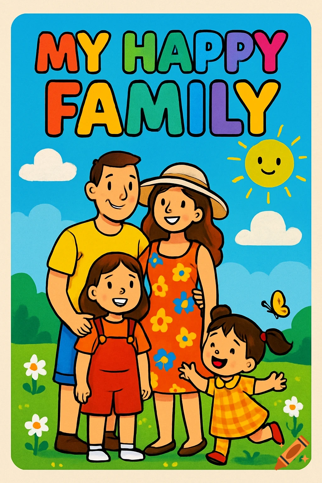 A colorful cartoon poster titled 'My Happy Family' featuring a father, mother, and two daughters in a bright green field with a smiling sun and clouds.