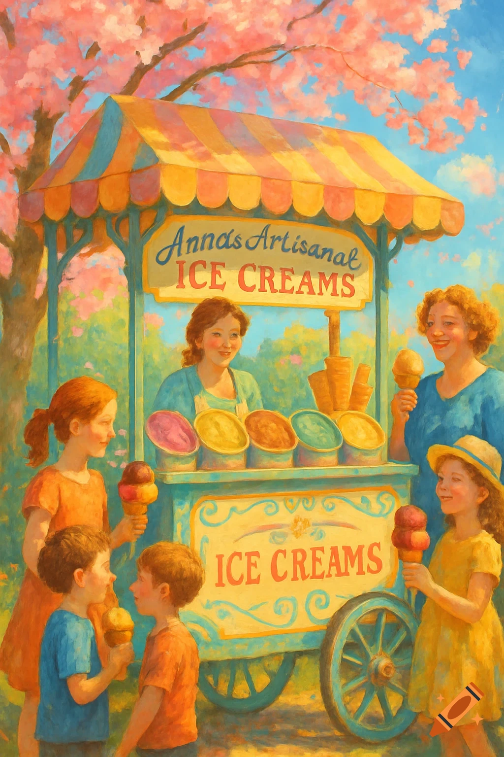 An illustration in a painterly style of an ice cream cart with a vendor, selling ice cream to a woman and several children under blossoming pink trees.