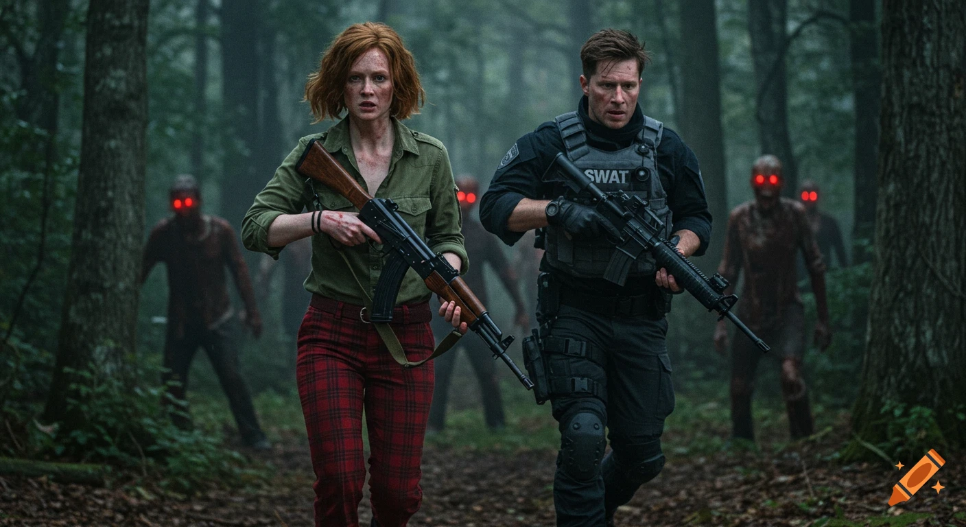 A man and a woman run through a foggy forest, armed with rifles, pursued by shadowy zombies with glowing red eyes.