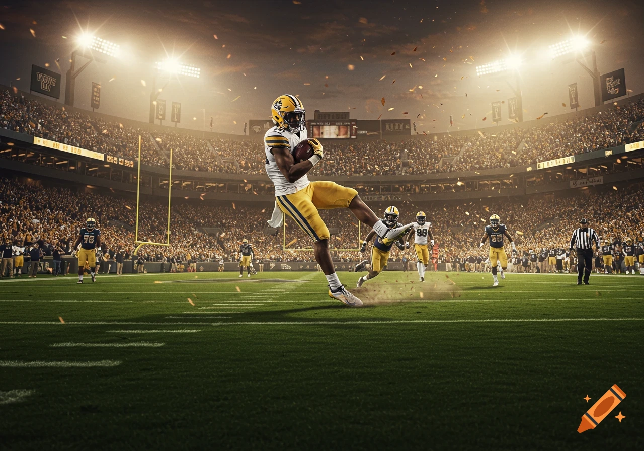 A football player in a yellow and white uniform runs with the ball on a stadium field during a game, with confetti falling.